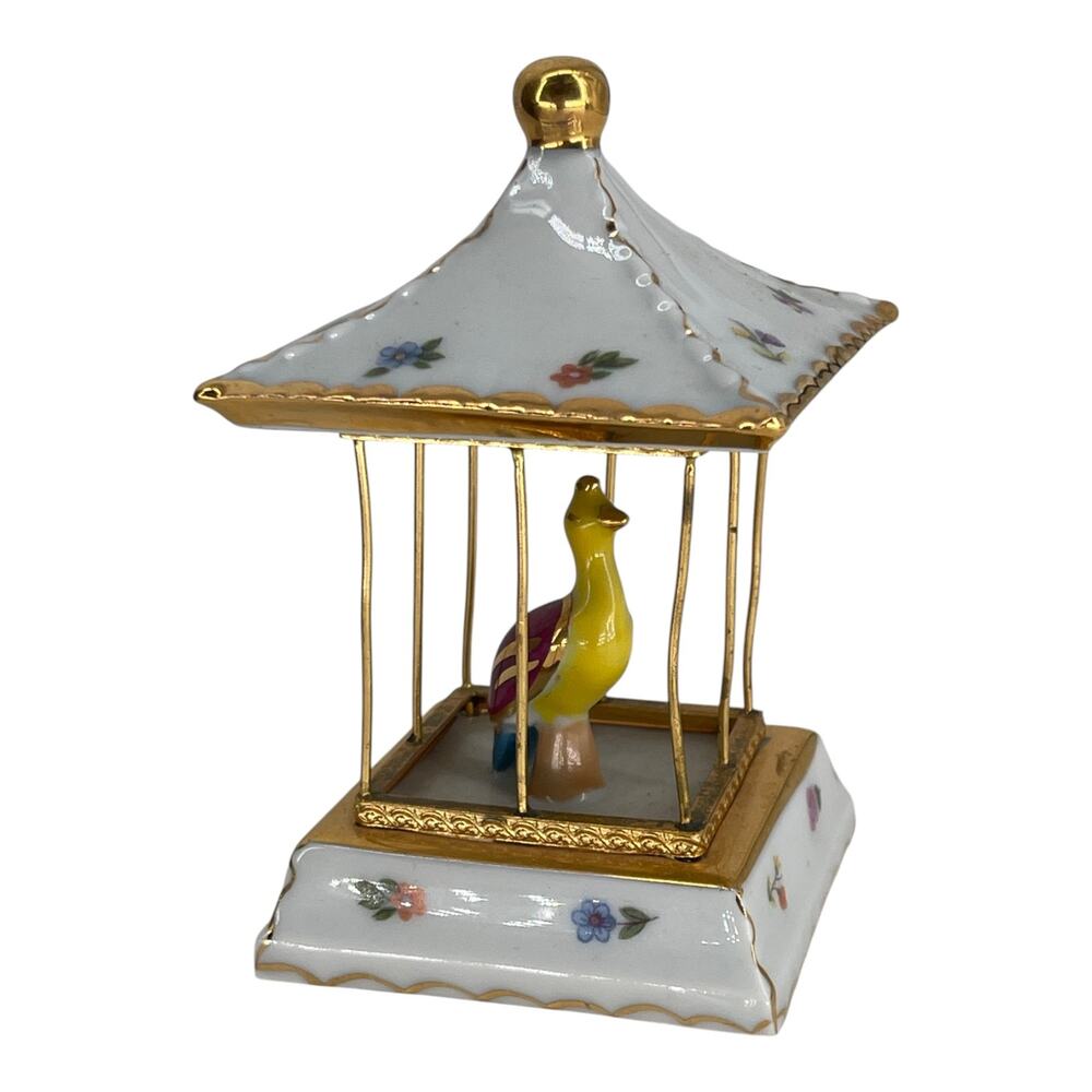 Limoges France Porcelain Bird Cage Hand Painted Gold Floral Miniature